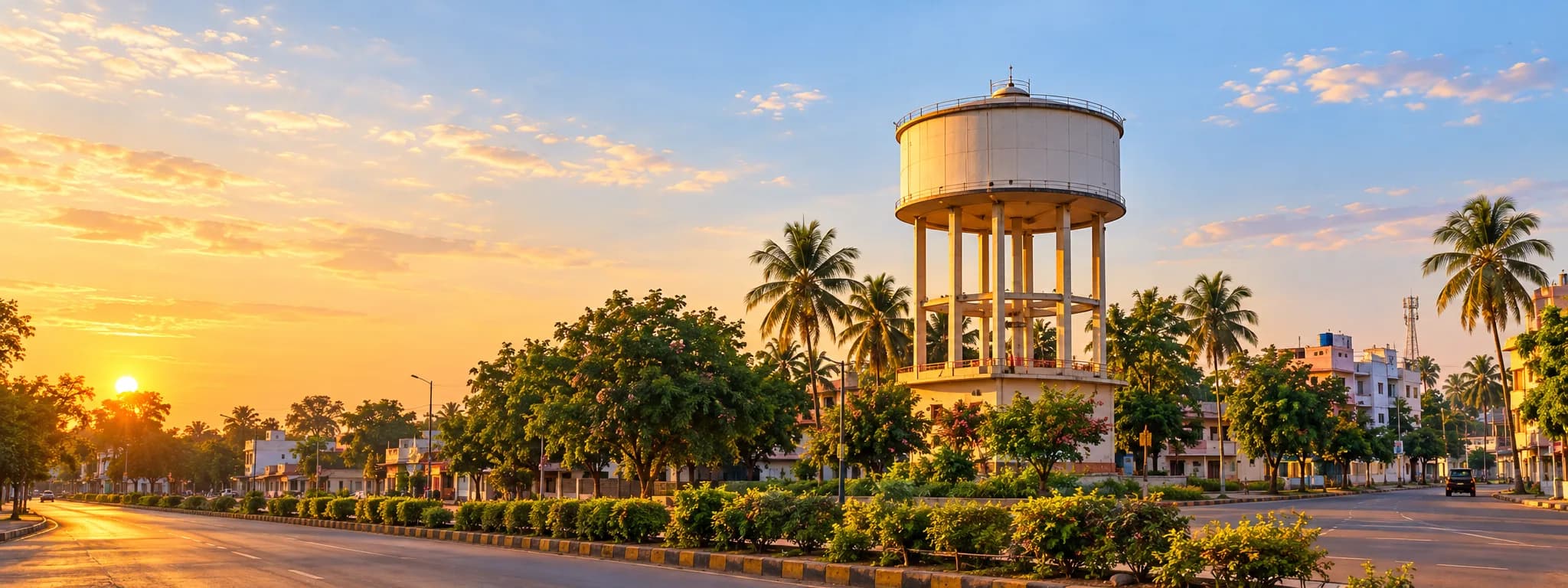 Sangola water tower and town at sunset
